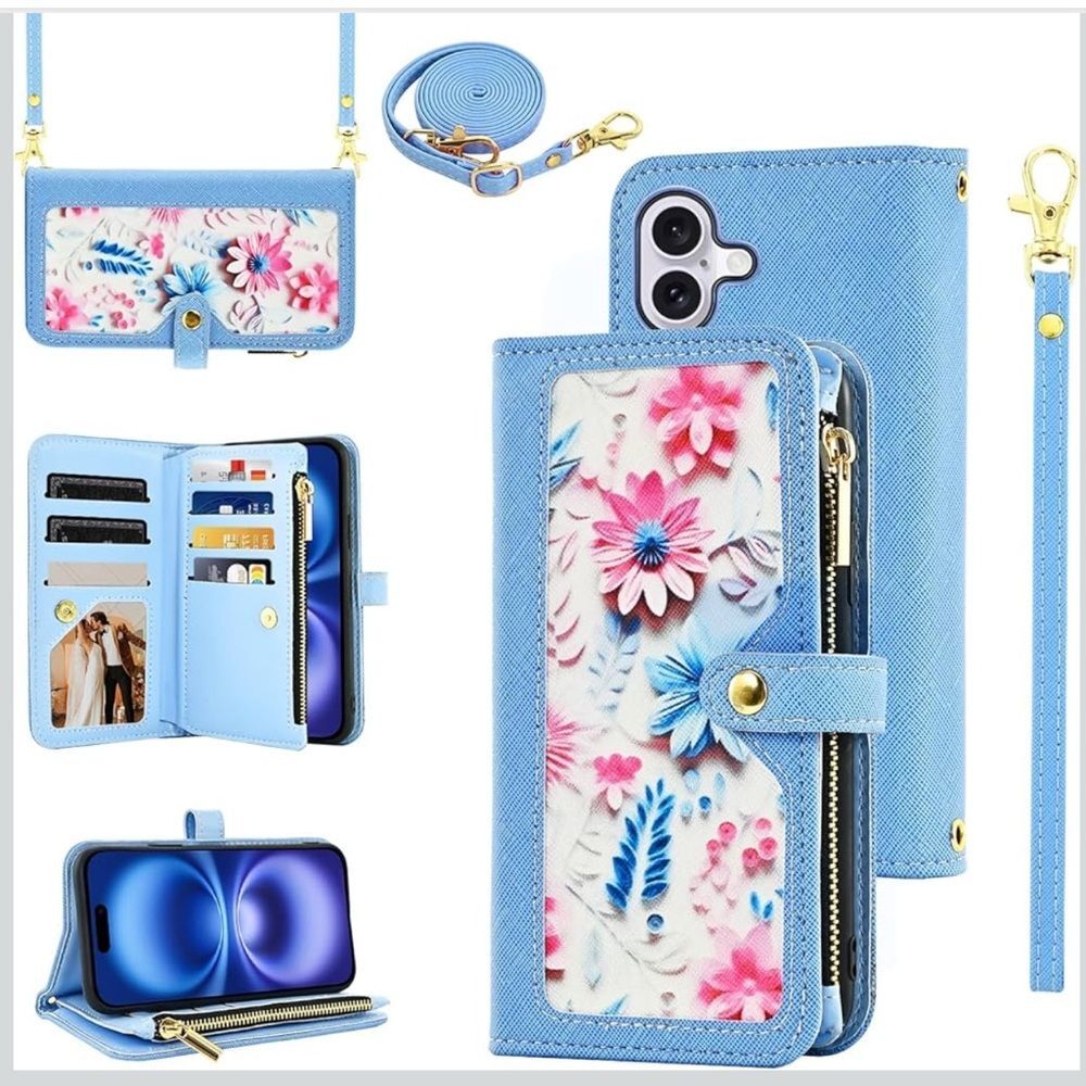 iPhone 16 6.1” Case Wallet Case Floral Wristlet Blue Card Holder Phone FC7